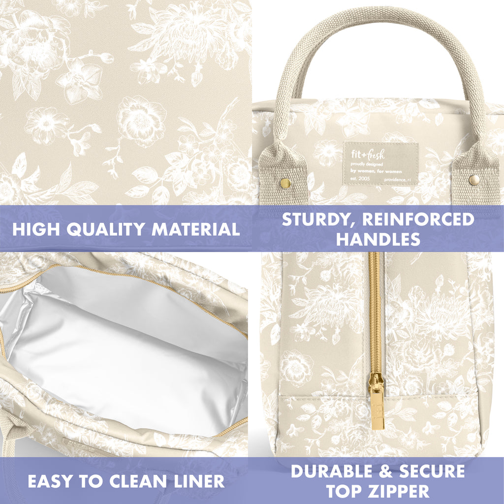 Bloomington Lunch Bag with Lunch Kit, Tan Floral Toile