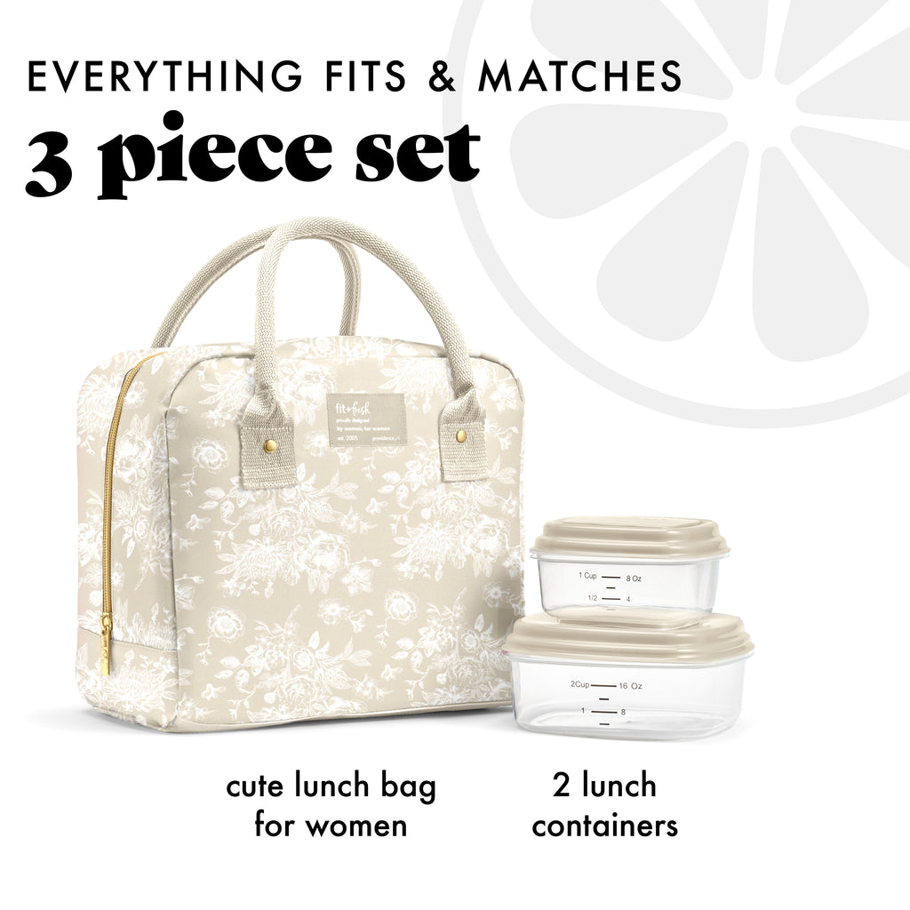 Bloomington Lunch Bag with Lunch Kit, Tan Floral Toile