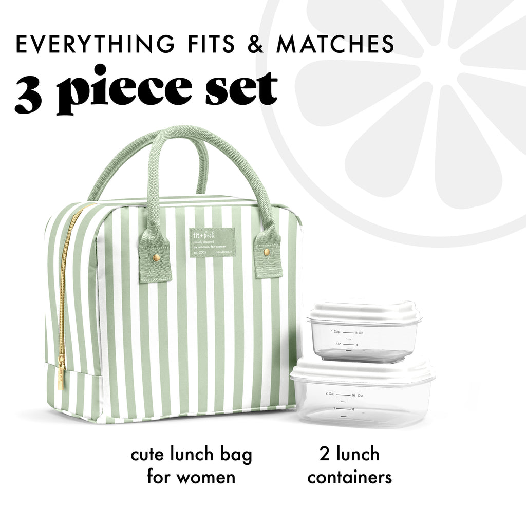 Bloomington Lunch Bag with Lunch Kit, Thick Sage Stripe