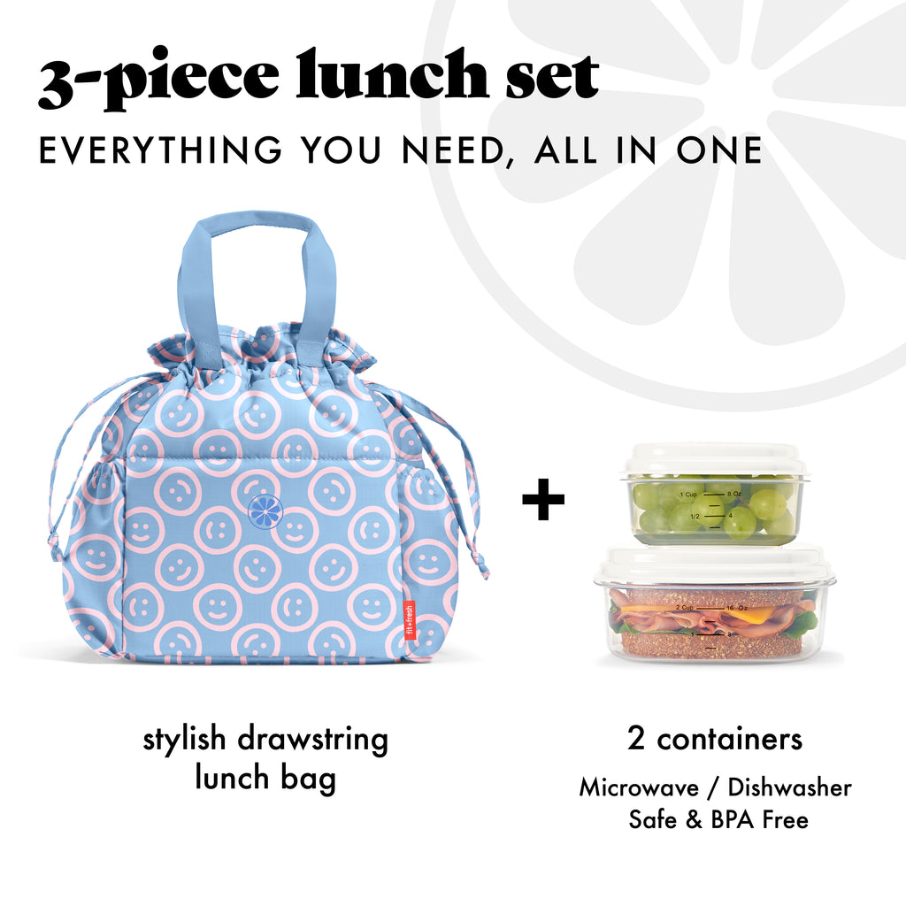 Cromwell Cinch Lunch Tote with Lunch Kit, Bubble Gum Smiles