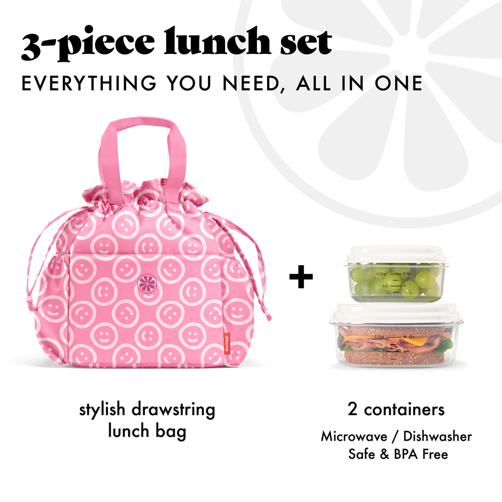 Cromwell Cinch Lunch Tote with Lunch Kit, Fuchsia Pink Smiles