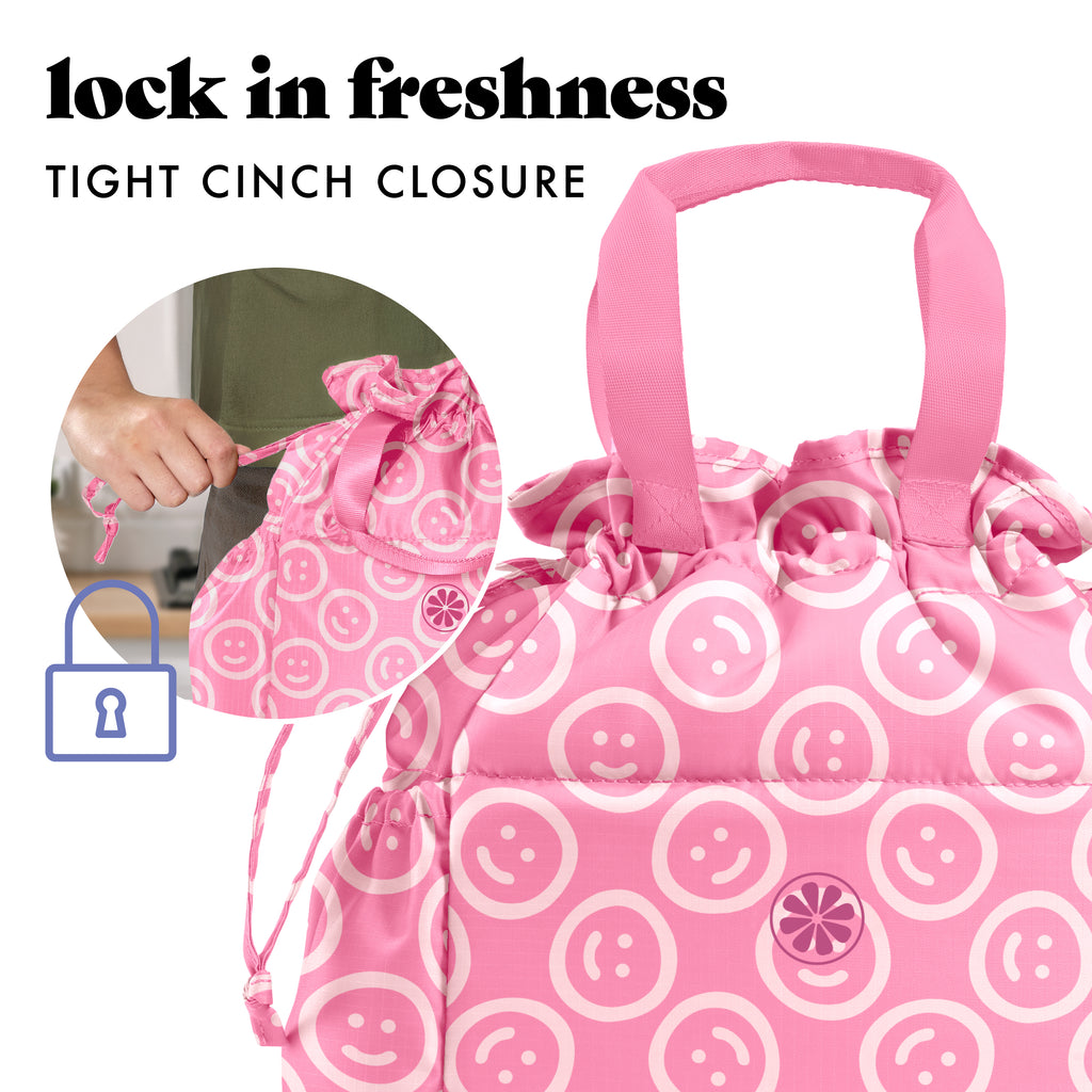 Cromwell Cinch Lunch Tote with Lunch Kit, Fuchsia Pink Smiles