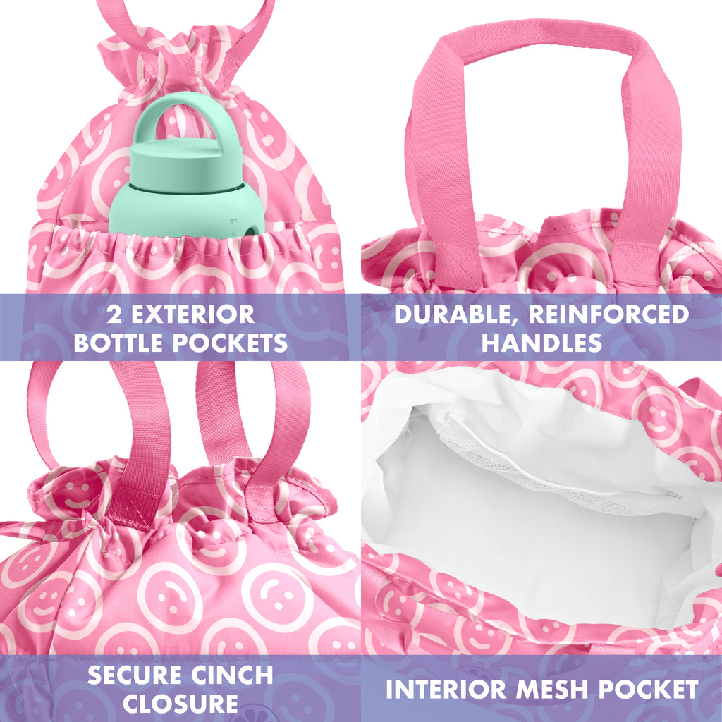 Cromwell Cinch Lunch Tote with Lunch Kit, Fuchsia Pink Smiles