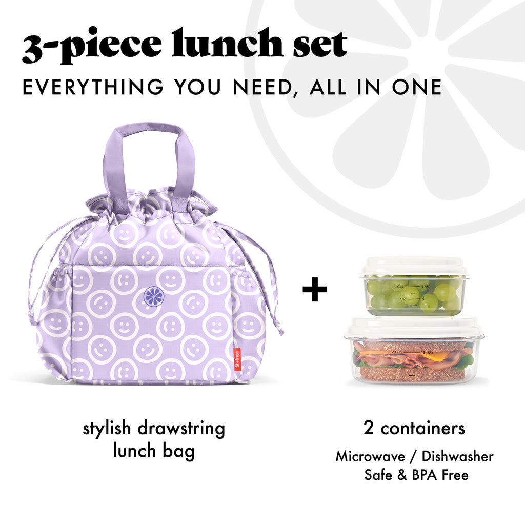 Cromwell Cinch Lunch Tote with Lunch Kit, Lavender Smiles