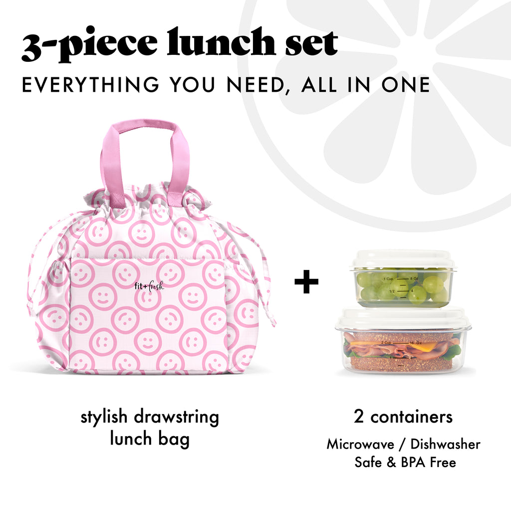 Cromwell Cinch Lunch Tote with Lunch Kit, Pink Smiles