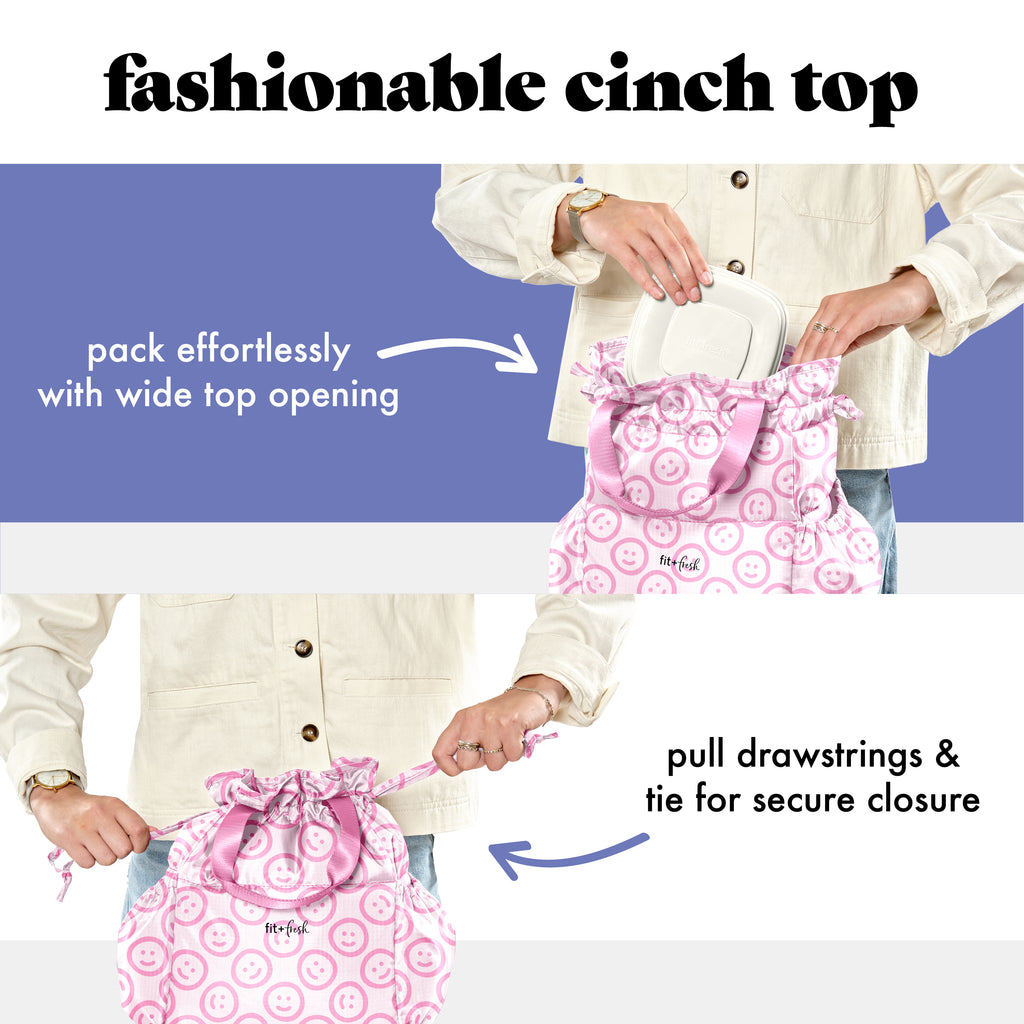 Cromwell Cinch Lunch Tote with Lunch Kit, Pink Smiles