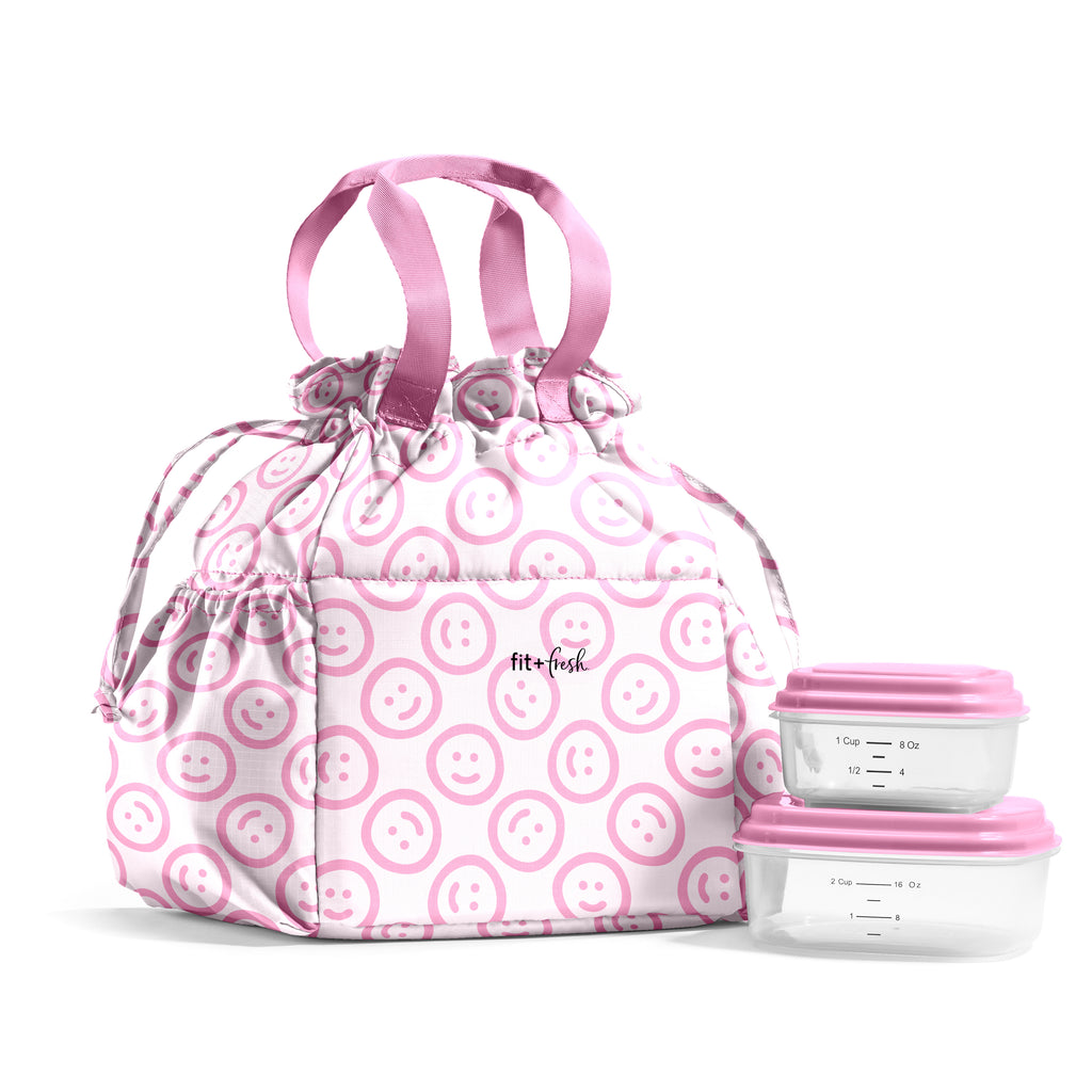 Cromwell Cinch Lunch Tote with Lunch Kit, Pink Smiles