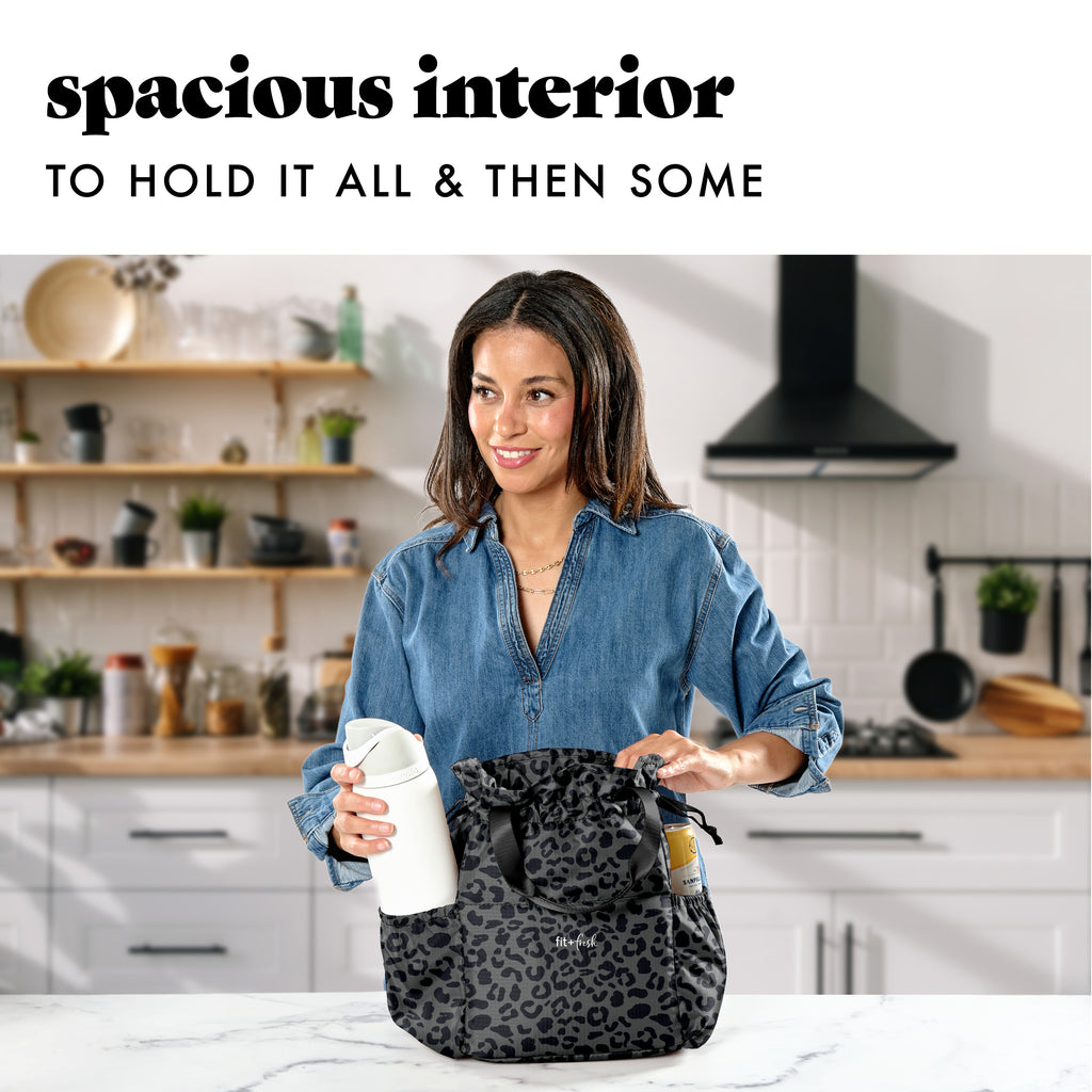 Cromwell Cinch Lunch Tote with Lunch Kit, Charcoal Cheetah