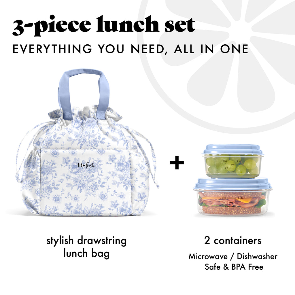 Cromwell Cinch Lunch Tote with Lunch Kit, Cornflower Floral Toile
