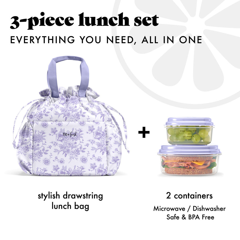 Cromwell Cinch Lunch Tote with Lunch Kit, Lavender Floral Toile