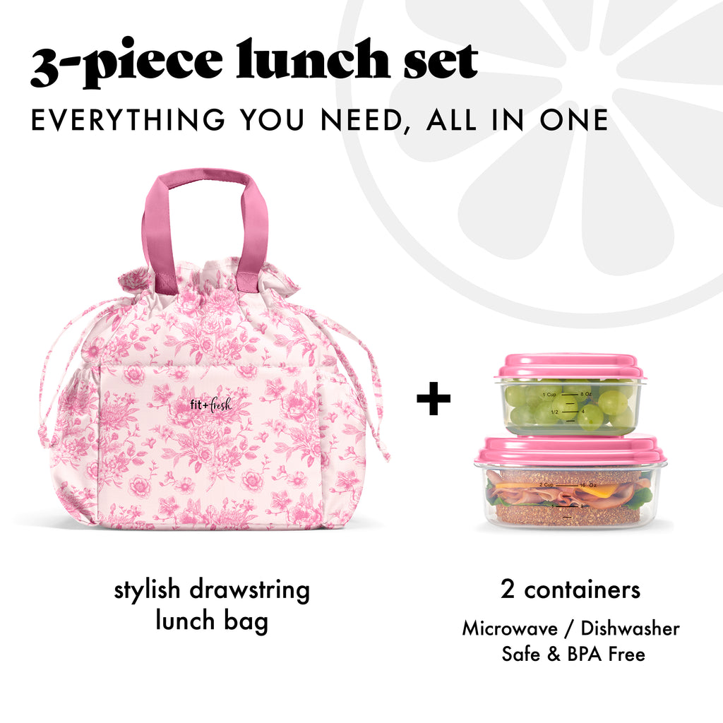 Cromwell Cinch Lunch Tote with Lunch Kit, Pink Floral Toile