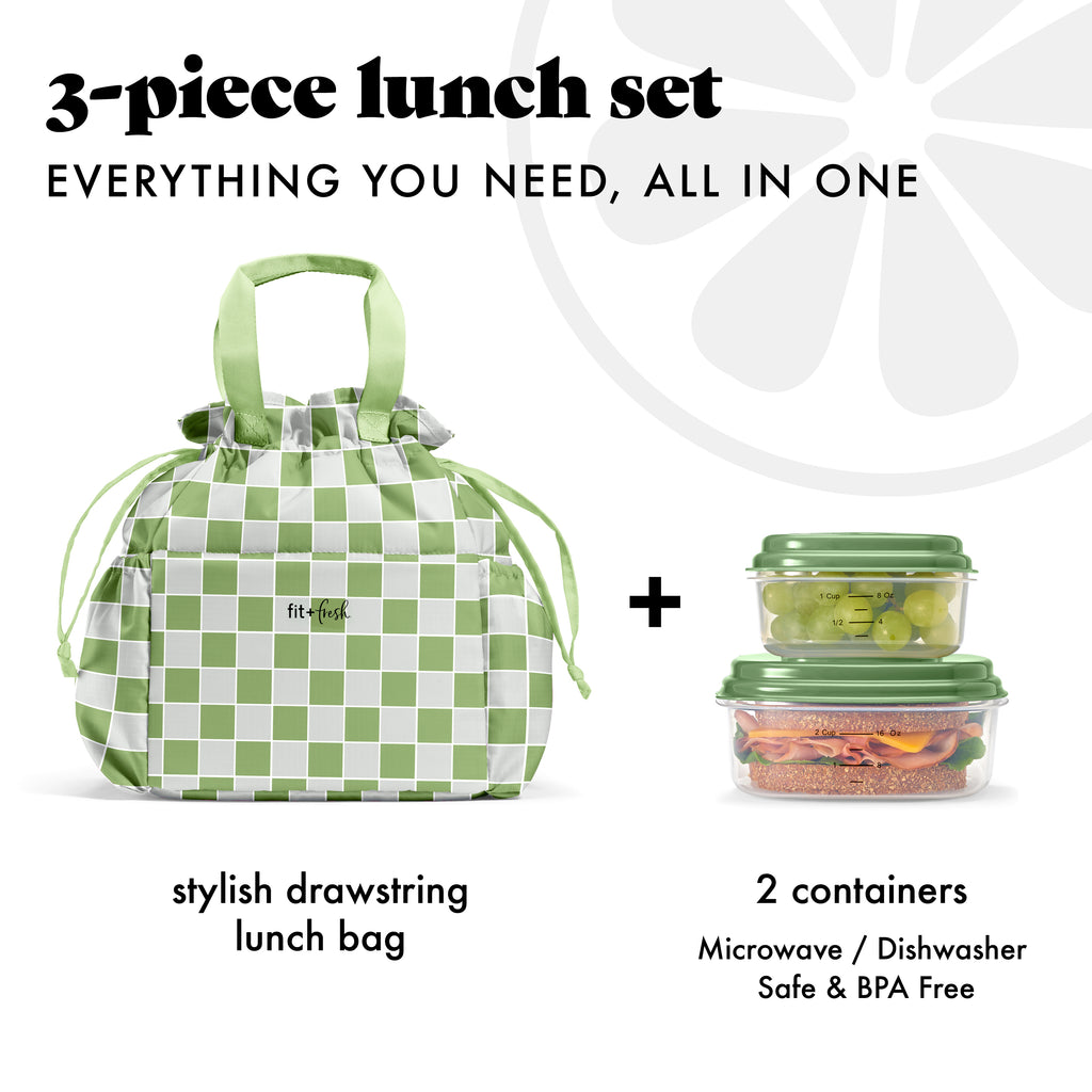 Cromwell Cinch Lunch Tote with Lunch Kit, Pistachio Checkerboard