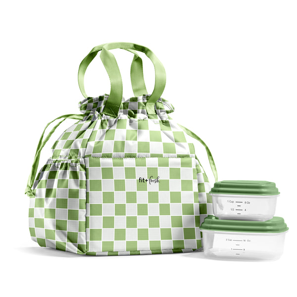 Cromwell Cinch Lunch Tote with Lunch Kit, Pistachio Checkerboard