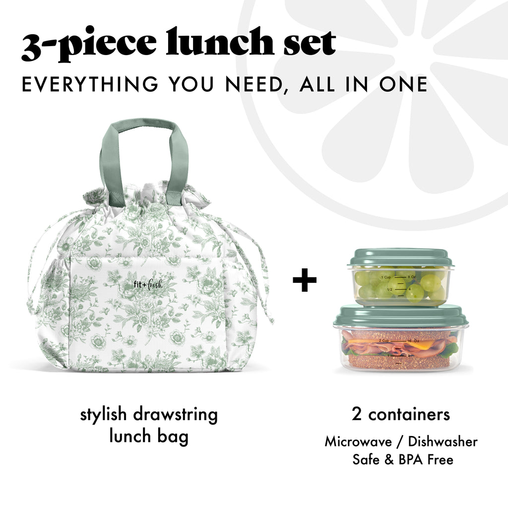 Cromwell Cinch Lunch Tote with Lunch Kit, Sage Floral Toile