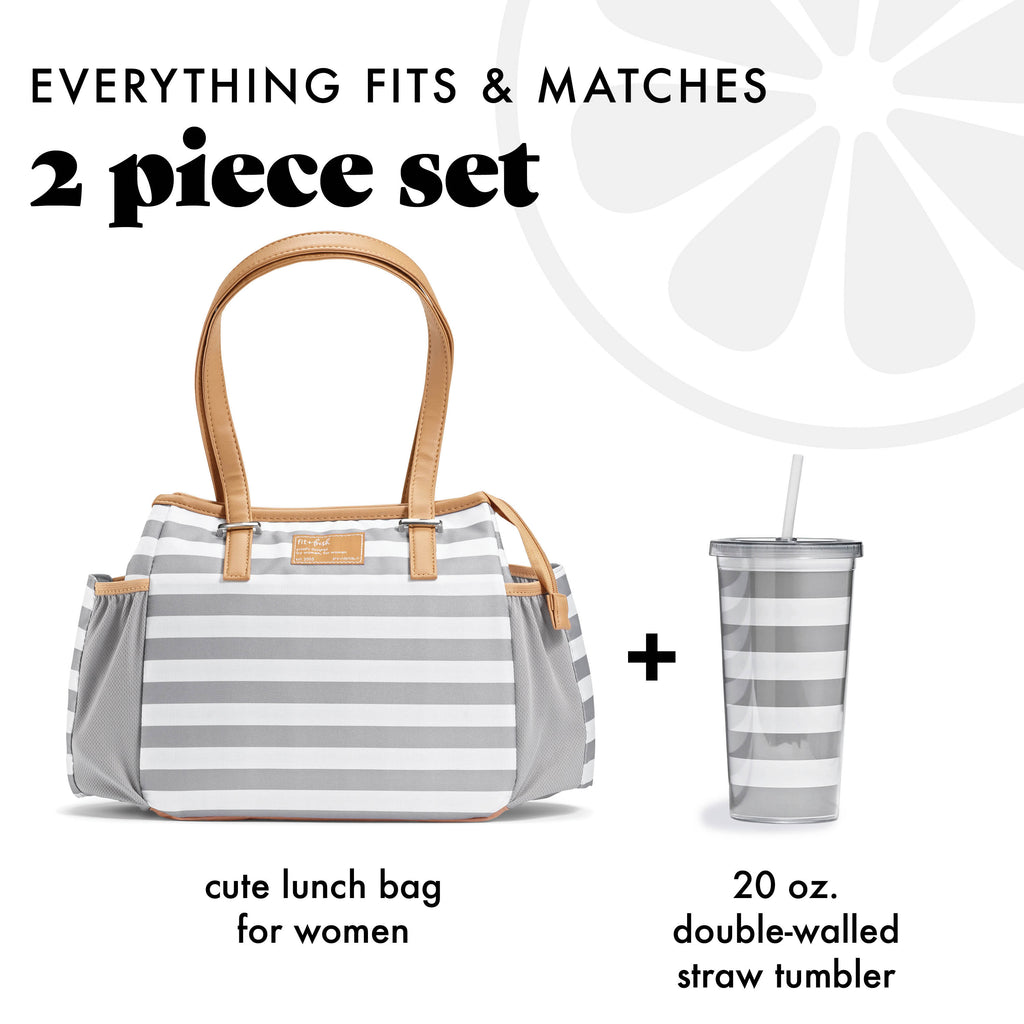 Copley Lunch Bag with Tumbler Cup, Gray Stripe