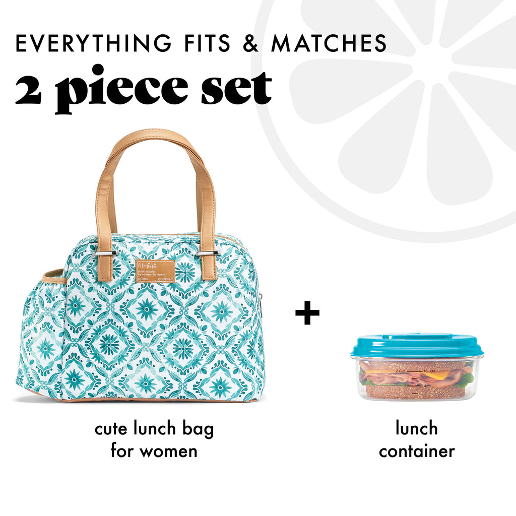 Laketown Lunch Bag with Lunch Kit, Aqua Floral Diamond