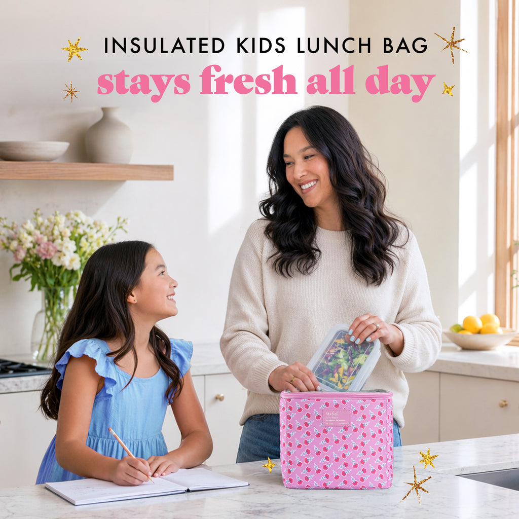 Luna Bow Kids Lunch Tote, Sweet Pink Block