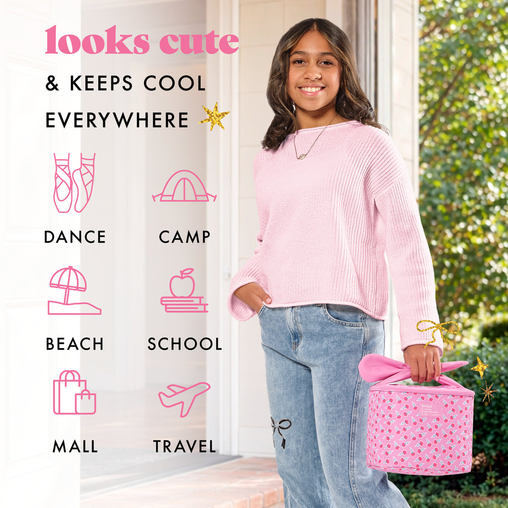 Luna Bow Kids Lunch Tote, Sweet Pink Block