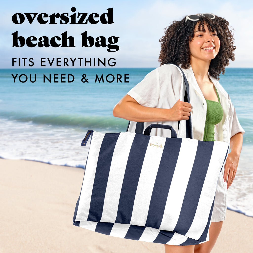 best tote bag for travel and beach All The Things XL Travel Tote Bag, Navy Stripe – Fit + Fresh Online Store