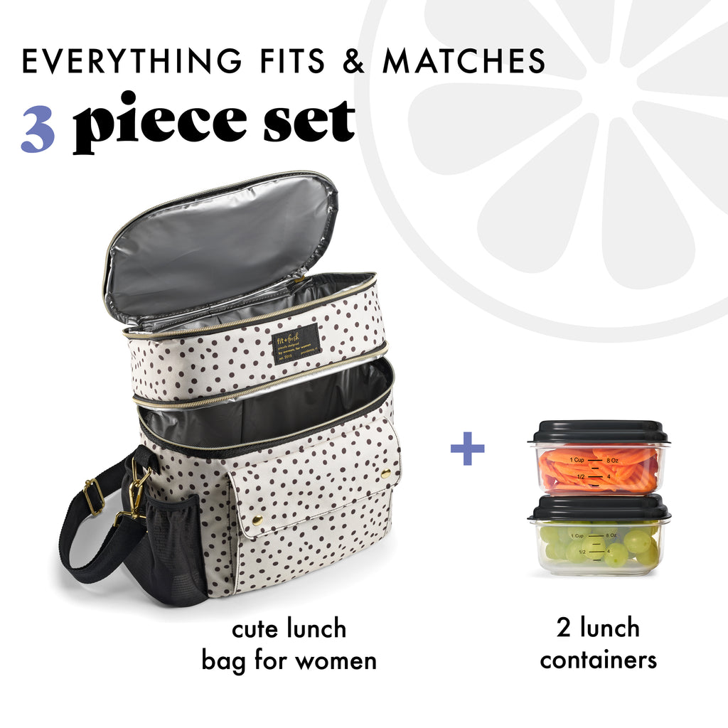 Westminster Dual Compartment Lunch Bag with Lunch Kit, Birch & Charcoal Dot