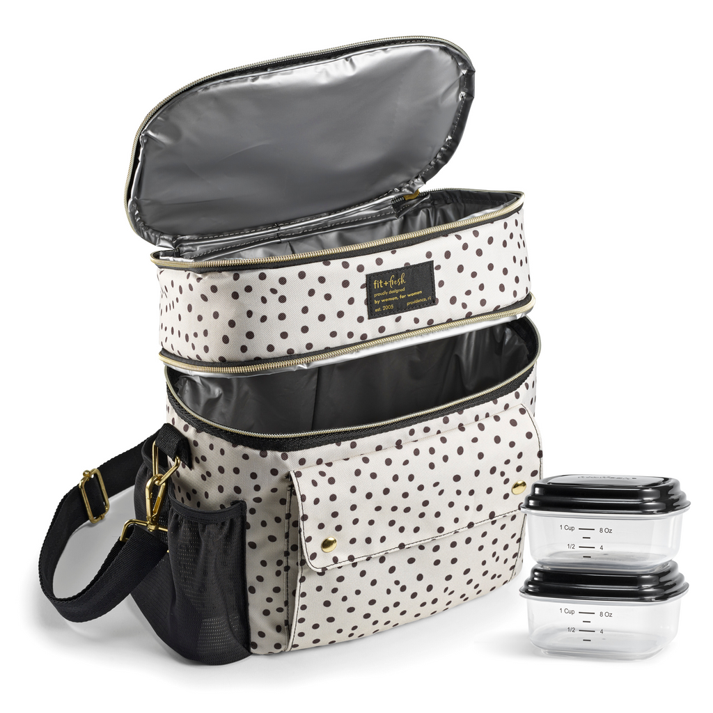 Westminster Dual Compartment Lunch Bag with Lunch Kit, Birch & Charcoal Dot