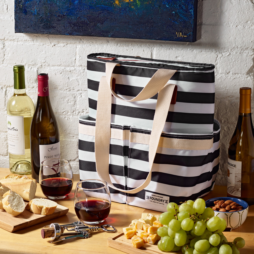 Wine Cooler Tote, B&W Newport Stripe