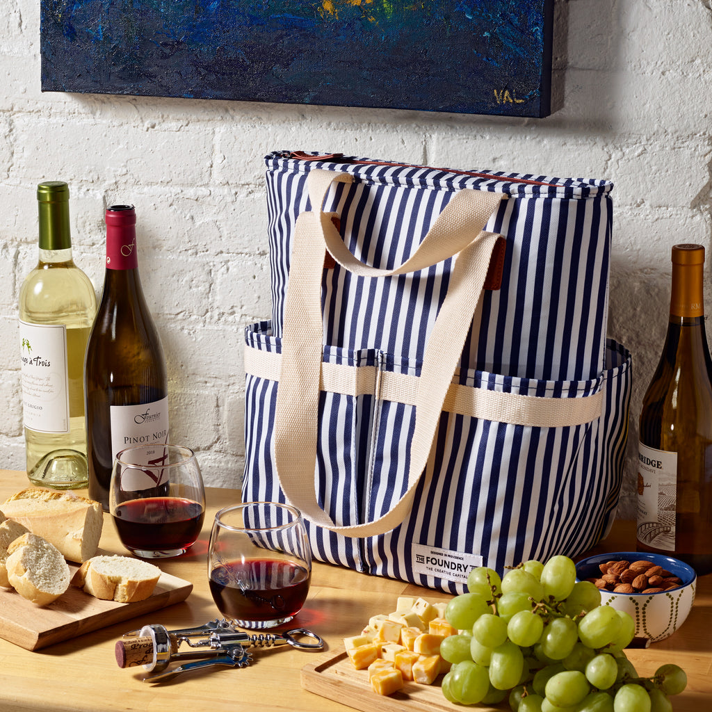 Wine Cooler Tote, Navy Vineyard Stripe