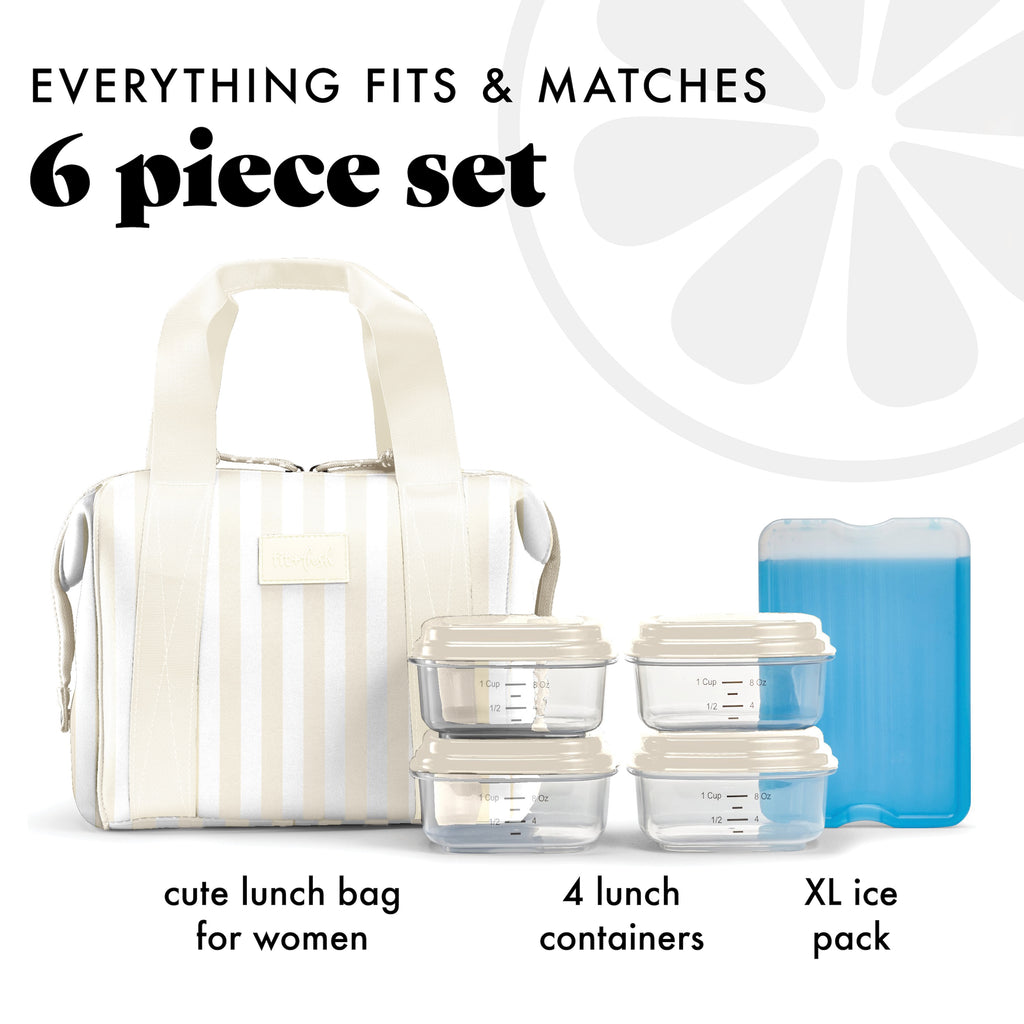 Remi Neoprene Lunch Bag with Lunch Kit, Ivory Stripe