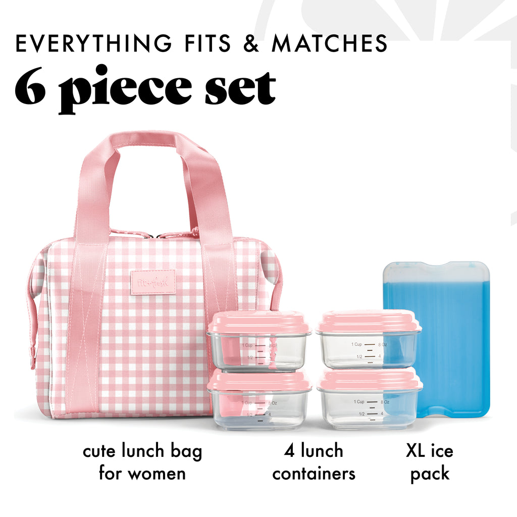 Remi Neoprene Lunch Bag with Lunch Kit, Pink Gingham