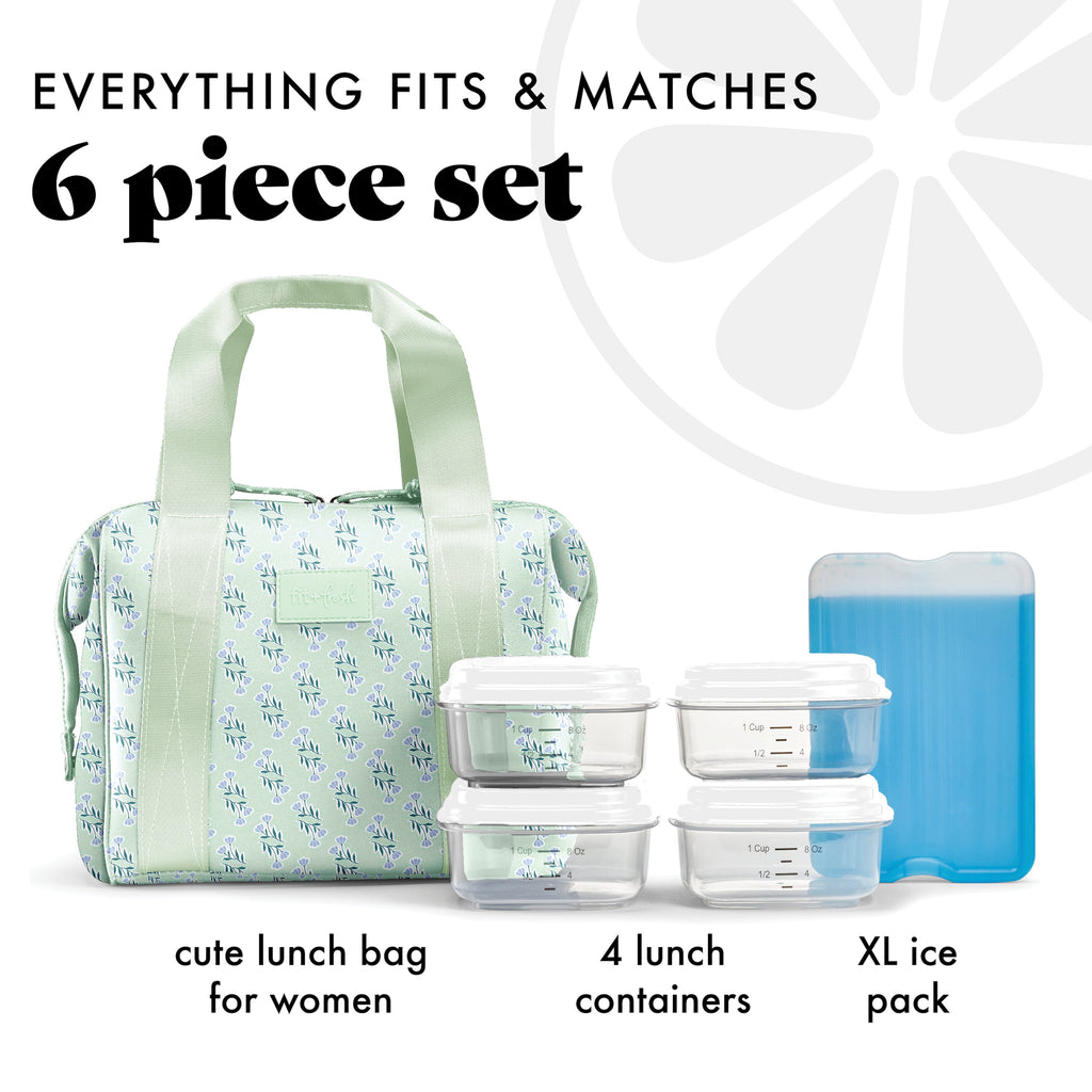 Remi Neoprene Lunch Bag with Lunch Kit, Sage Flower Block