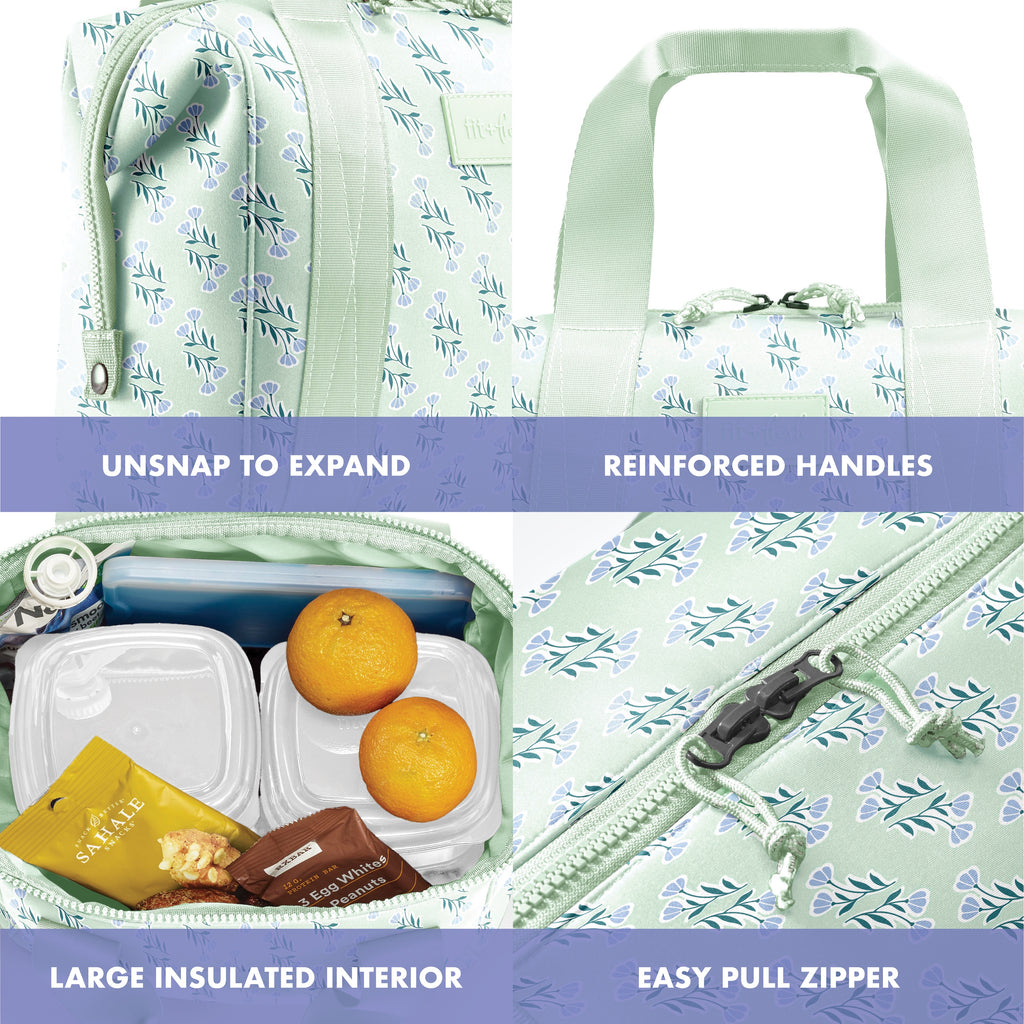 Remi Neoprene Lunch Bag with Lunch Kit, Sage Flower Block