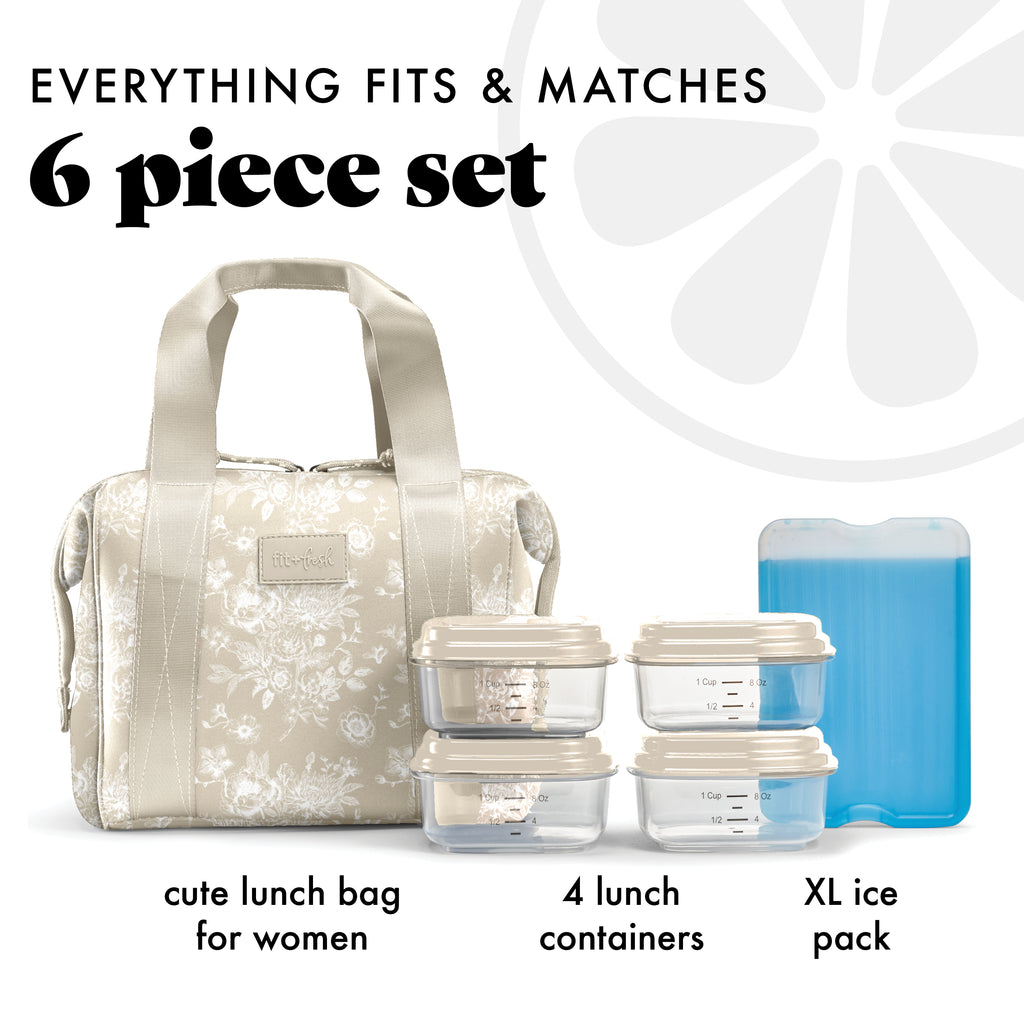 Remi Neoprene Lunch Bag with Lunch Kit, Tan Floral Toile
