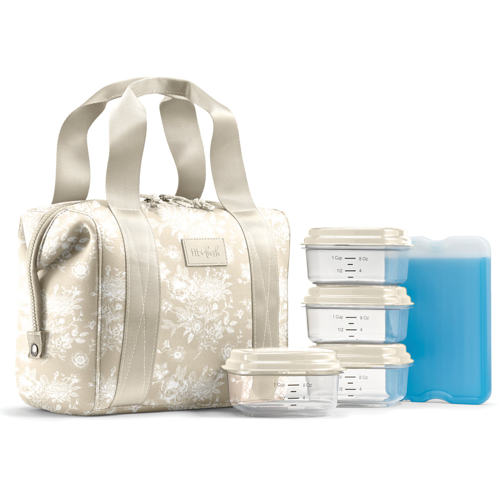 Remi Neoprene Lunch Bag with Lunch Kit, Tan Floral Toile