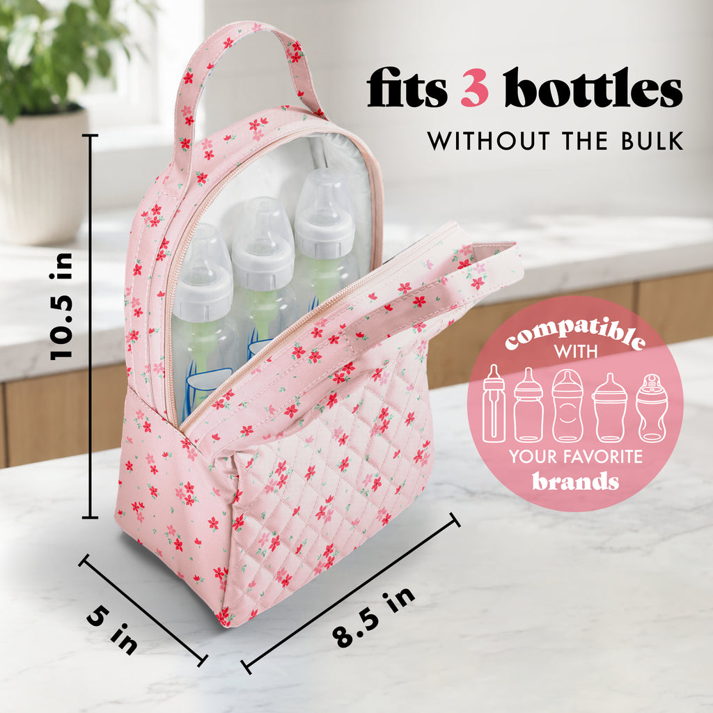 Bottle & Beyond Insulated Baby Bottle Cooler Bag, Pink Dainty Floral