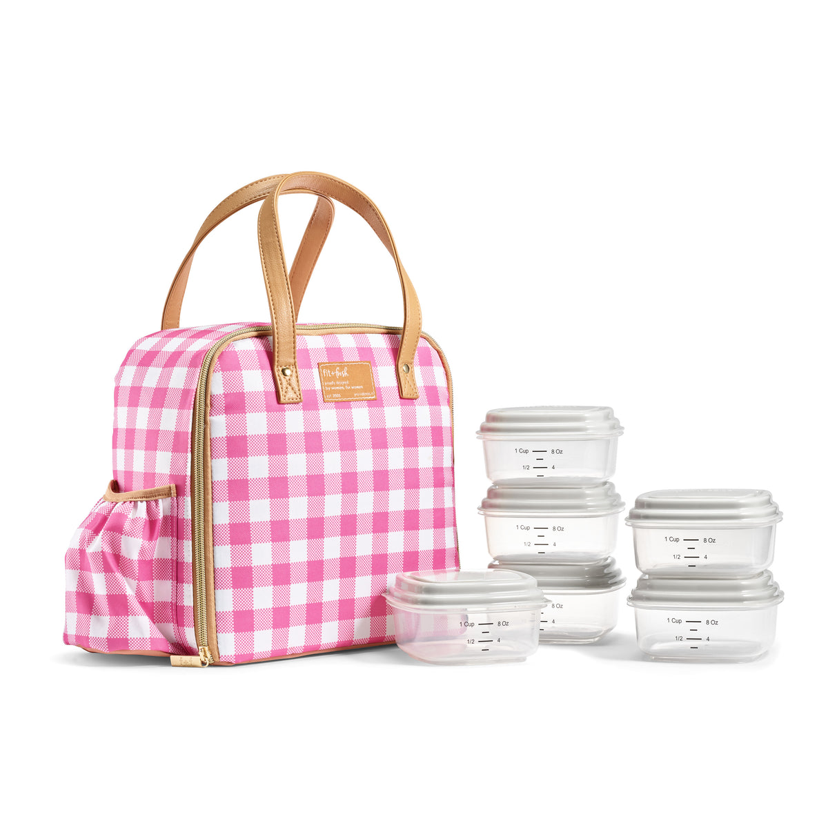 TEQUAN Portable Lunch Bag, Pink Checkered Stripped Pattern Reusable  Insulated Lunch Box for Travel Work School Picnic 